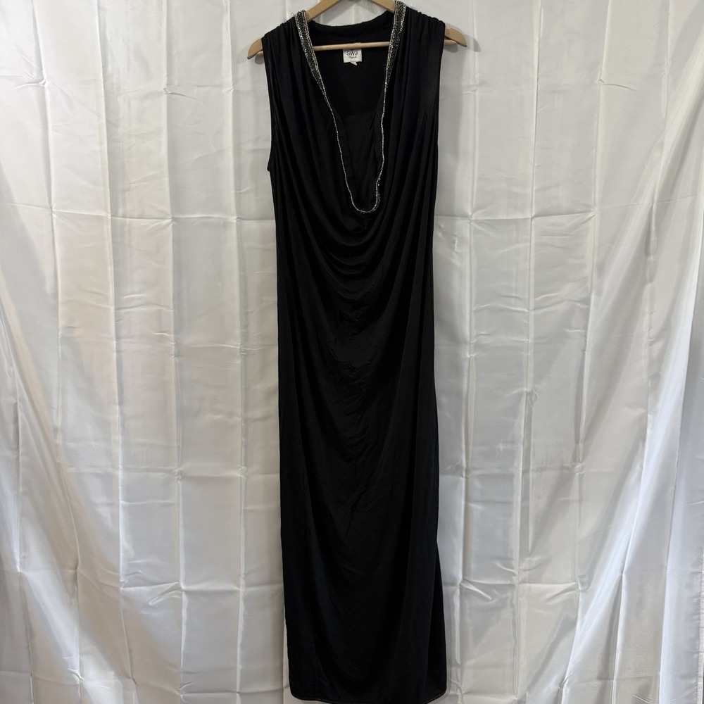 SW3 Bespoke Dress Women L Black Long Beaded Scoop Neck Slit Classy Stretchy